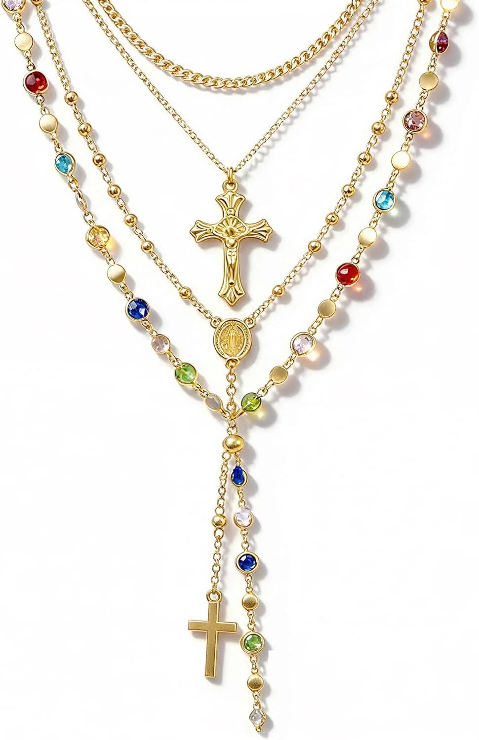 Layered Gold Cross Pendant Necklace Set