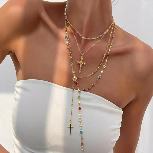 Layered Gold Cross Pendant Necklace Set