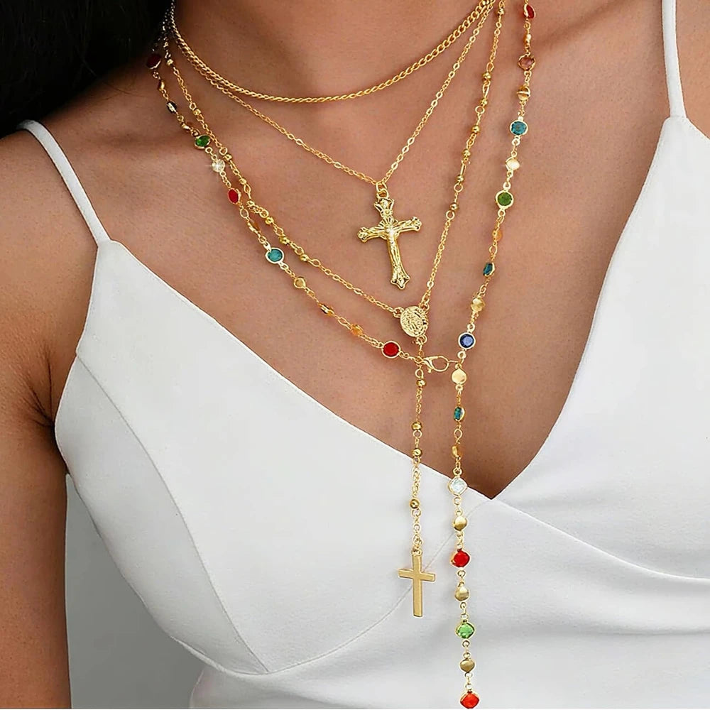 Layered Gold Cross Pendant Necklace Set