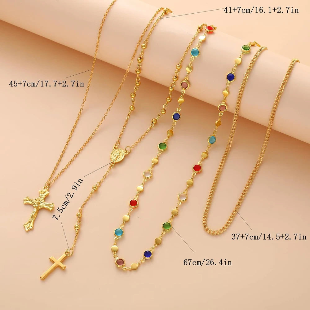 Layered Gold Cross Pendant Necklace Set