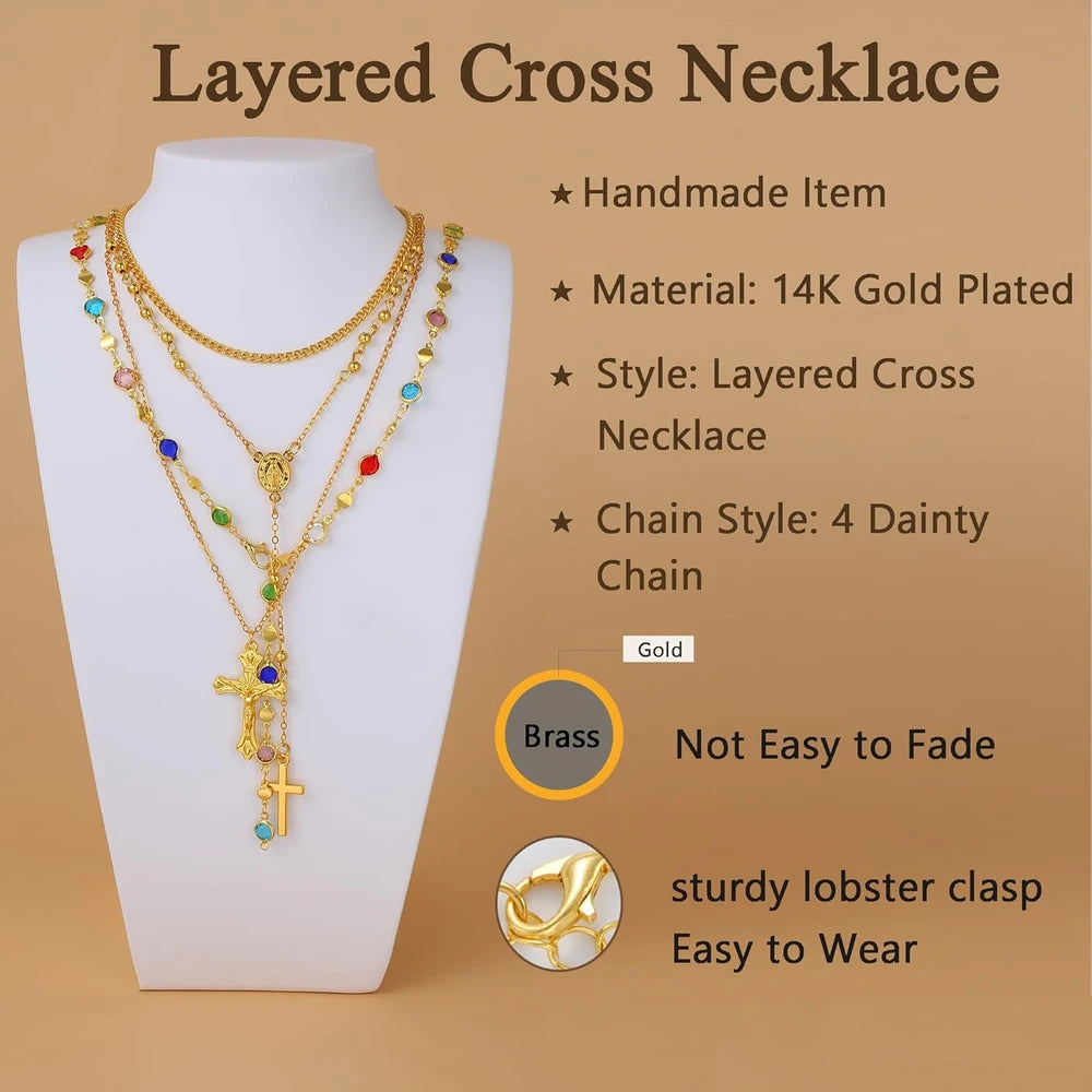 Layered Gold Cross Pendant Necklace Set